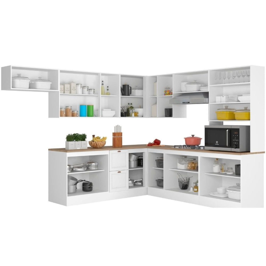 Cozinha Completa Modulada Americana 10 Peças Unna com Paneleiro Torre Quente, Nichos e Balcão com Tampo Yescasa Branco