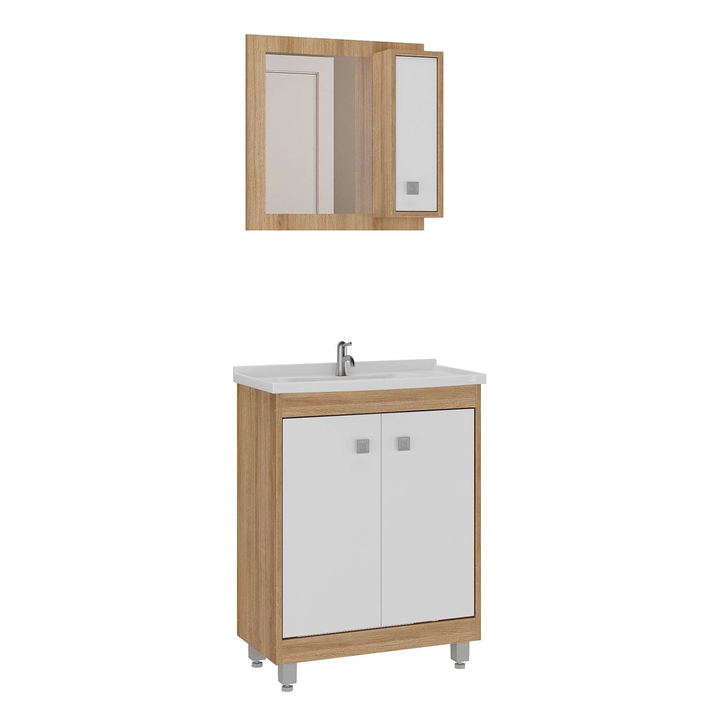 Conjunto para Banheiro Gabinete Suspenso com Cuba e Espelheira Essenza Ozini 60cm Lamina Mel/Branco