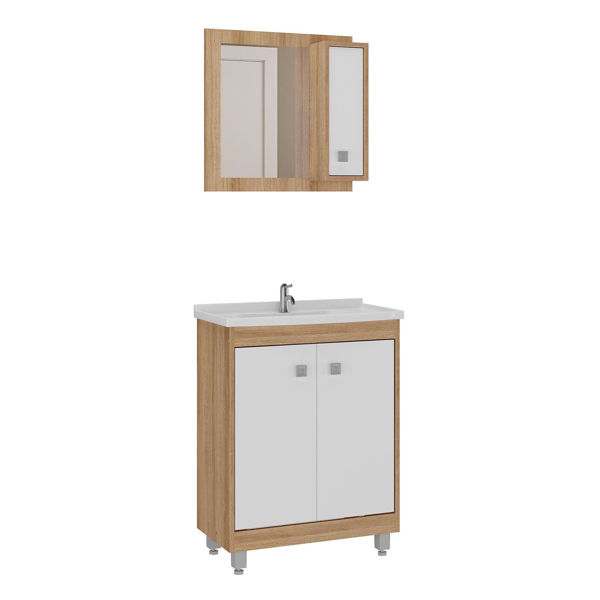 Conjunto para Banheiro Gabinete Suspenso com Cuba e Espelheira Essenza Ozini 60cm Lamina Mel/Branco