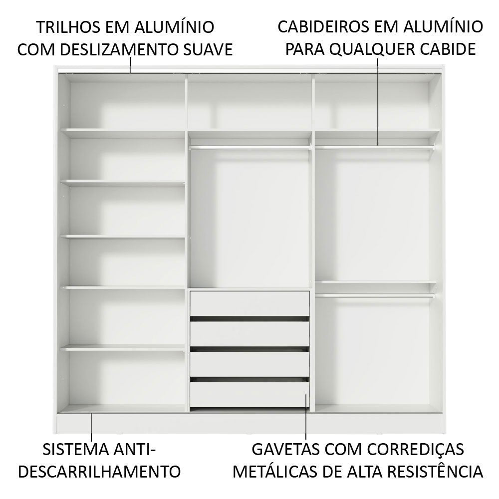 Guarda-Roupa Casal Royale 100% MDF Madesa 3 Portas de Correr 4 Gavetas 8 Prateleiras