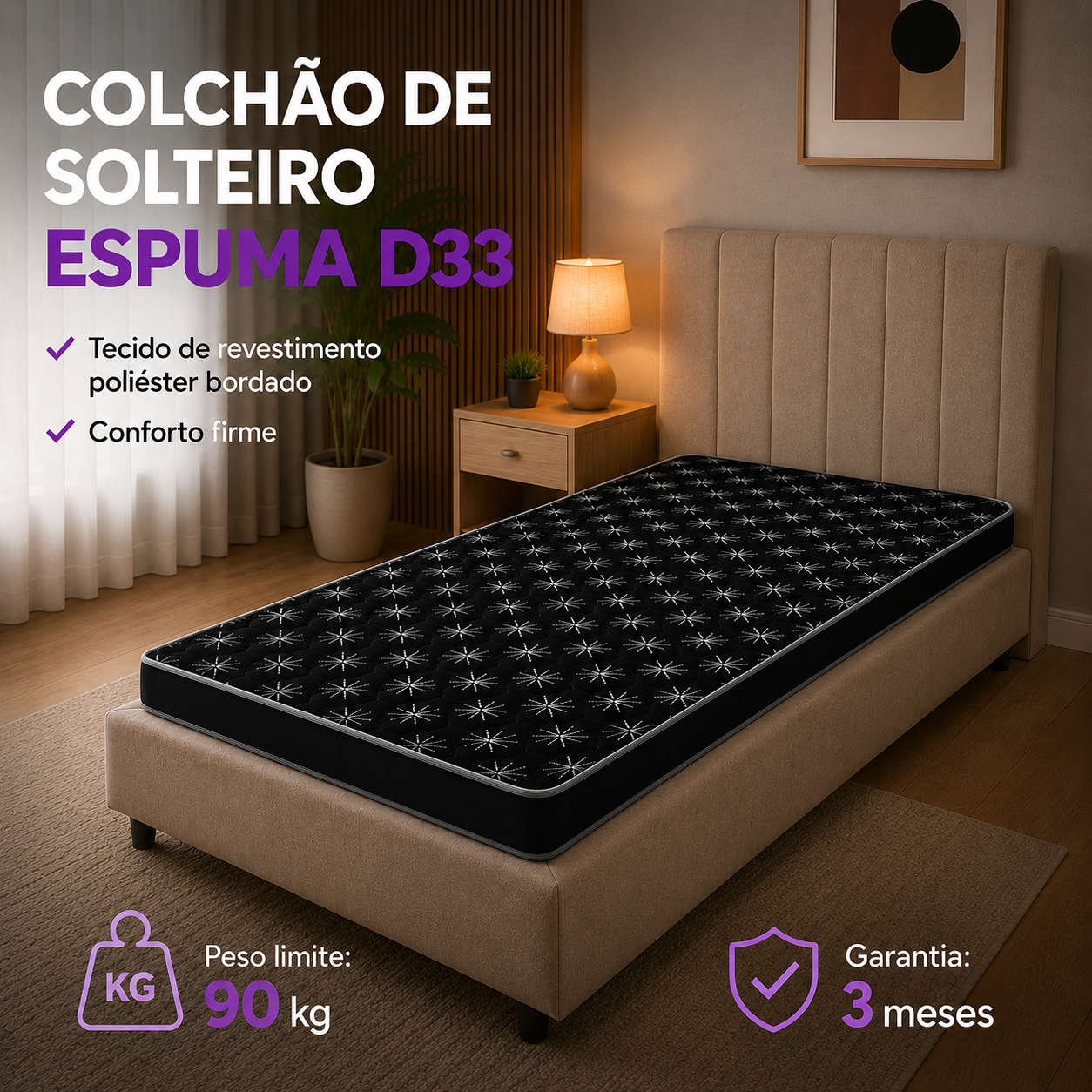 Colchão Solteiro Espuma D33 Jupiter Firme Poliéster 88x188x12cm