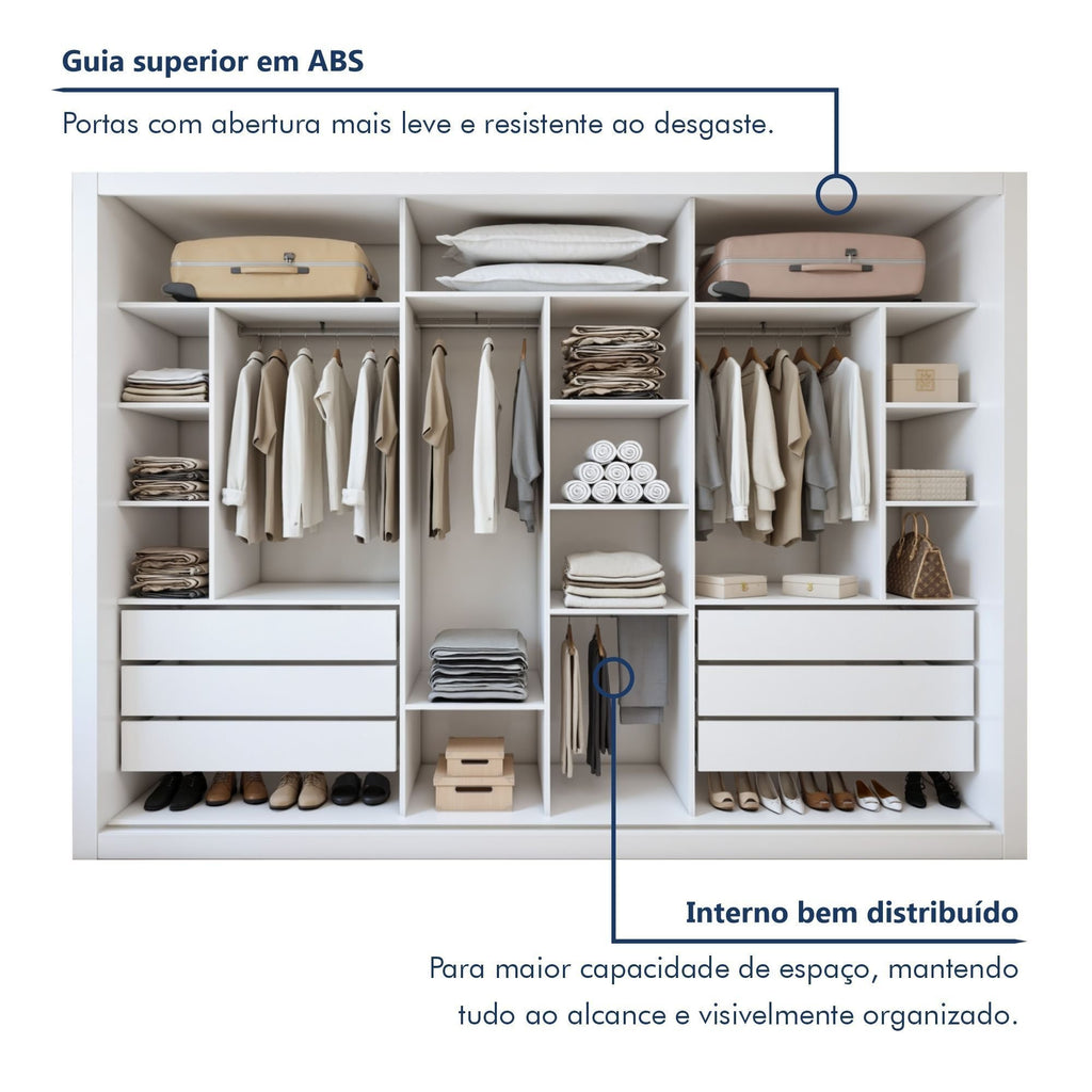 Guarda-Roupa Casal 3 Portas de Correr 6 Gavetas Liv Yescasa 100% MDP Branco