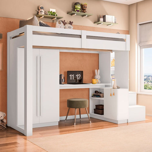 Cama Alta Beliche Office Infantil com Roupeiro e Escrivaninha Moon Yescasa Branco