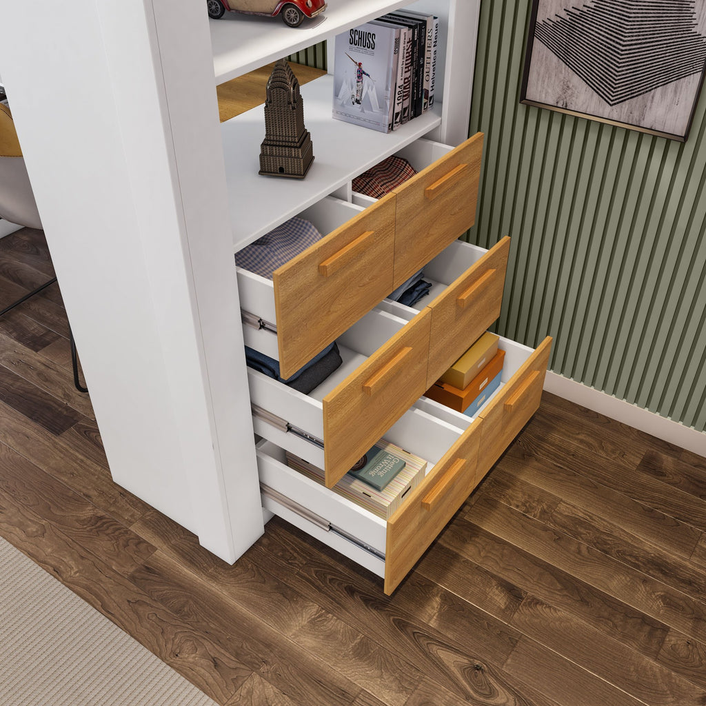 Cama Alta Beliche Office Adulto Multifuncional com 6 Gavetas Micenas Yescasa Branco/Freijó