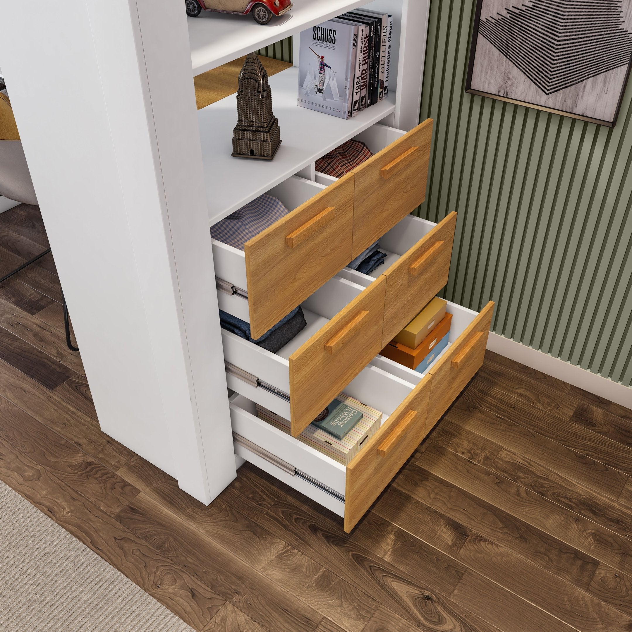 Cama Alta Beliche Office Adulto Multifuncional com 6 Gavetas Micenas Yescasa Branco/Freijó