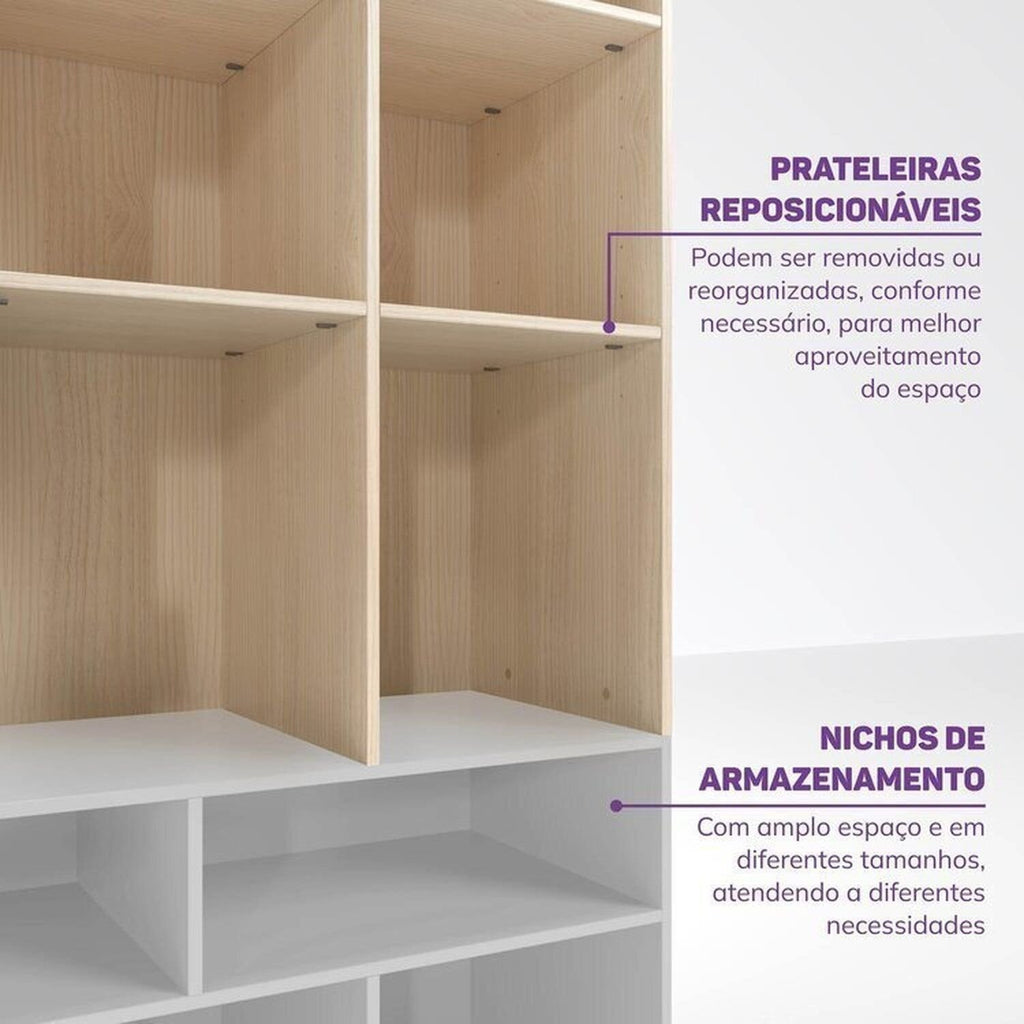 Quarto Completo Infantil Guarda-Roupa Curió, Bicama, Mesa, Estante e Petit Casatema MadeiraOriginals Branco/Mel