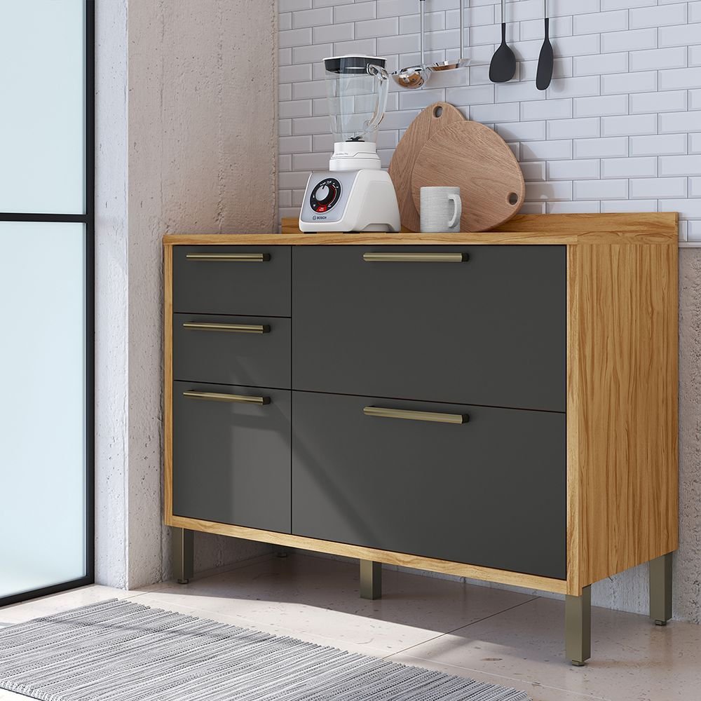 Balcão de Cozinha 2 Portas Basculantes 3 Gavetas com Tampo 120cm Vicenza Espresso Móveis Cinza/Amêndoa/Chumbo