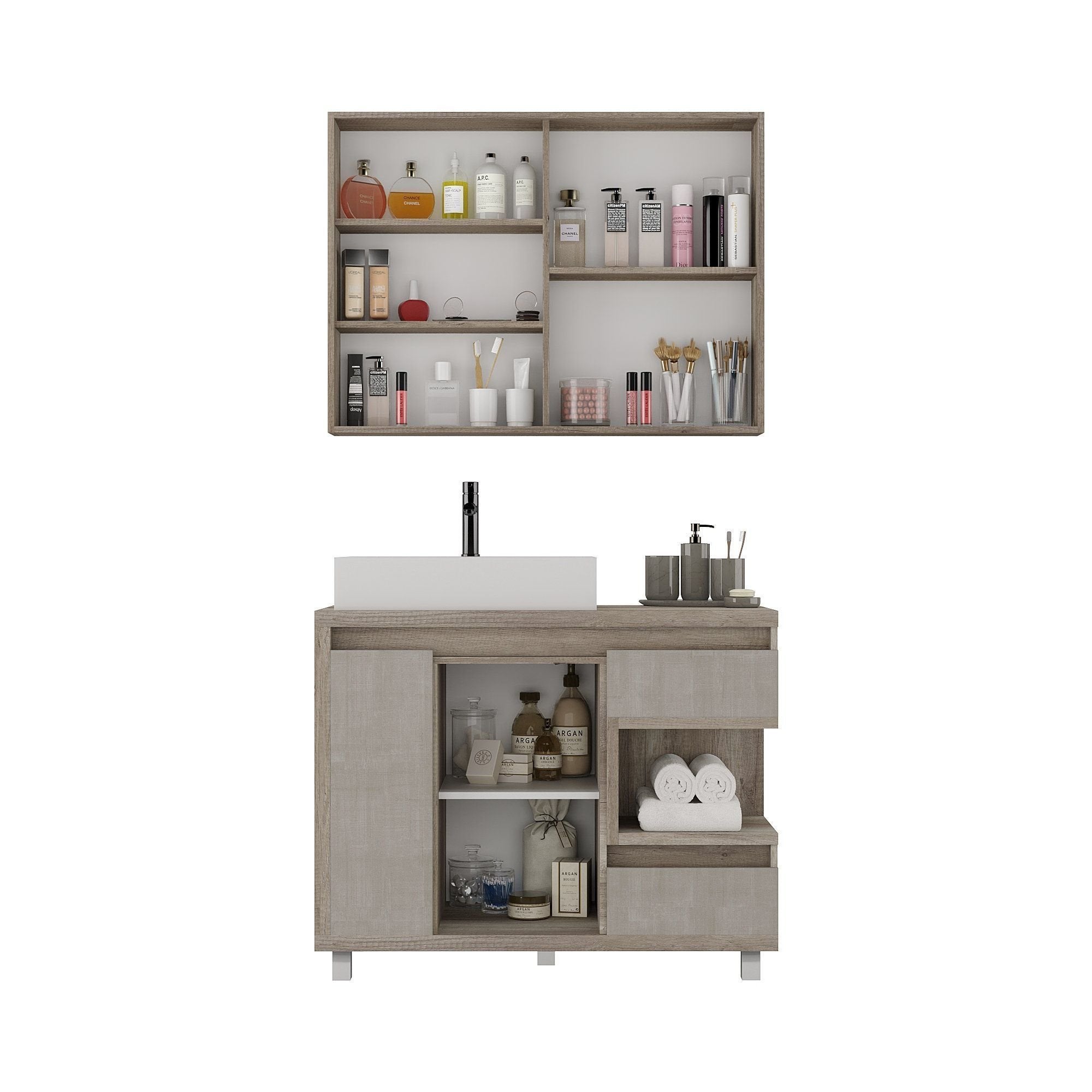 Conjunto para Banheiro Gabinete com Cuba e Espelheira Malba Móveis Bosi 100cm Cinza/Barrique/Argento