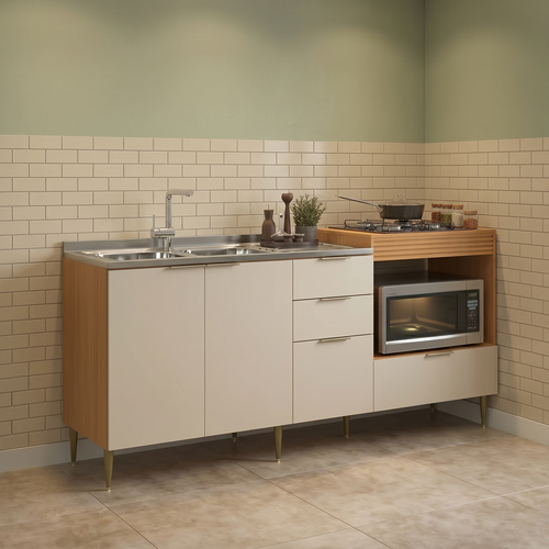 Balcão para Pia e Cooktop 4 Portas 2 Gavetas 190cm Alice Angelin e Off White Yescasa Laranja/Premium
