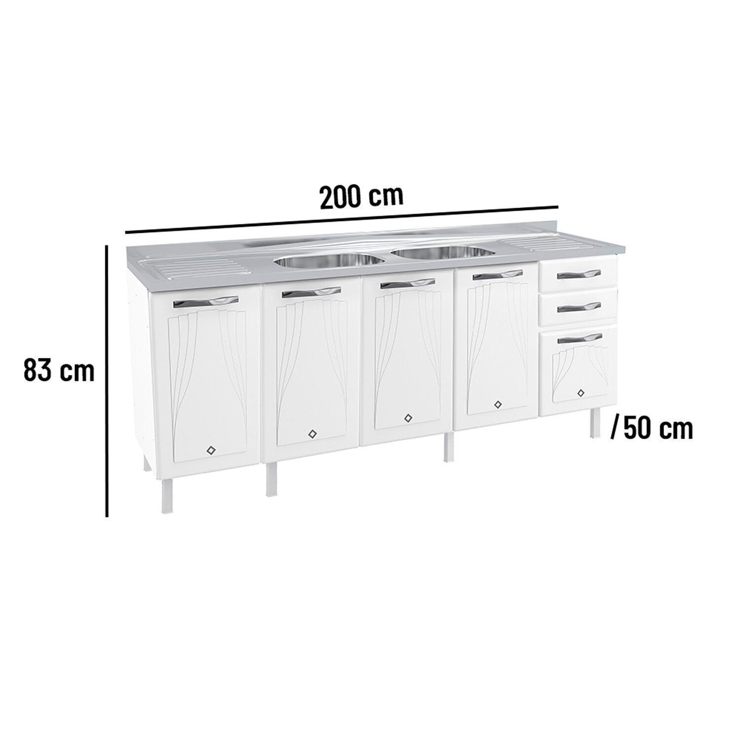 Balcão de Cozinha em Aço 5 Portas 2 Gavetas sem Tampo 200cm Star New Telasul Branco