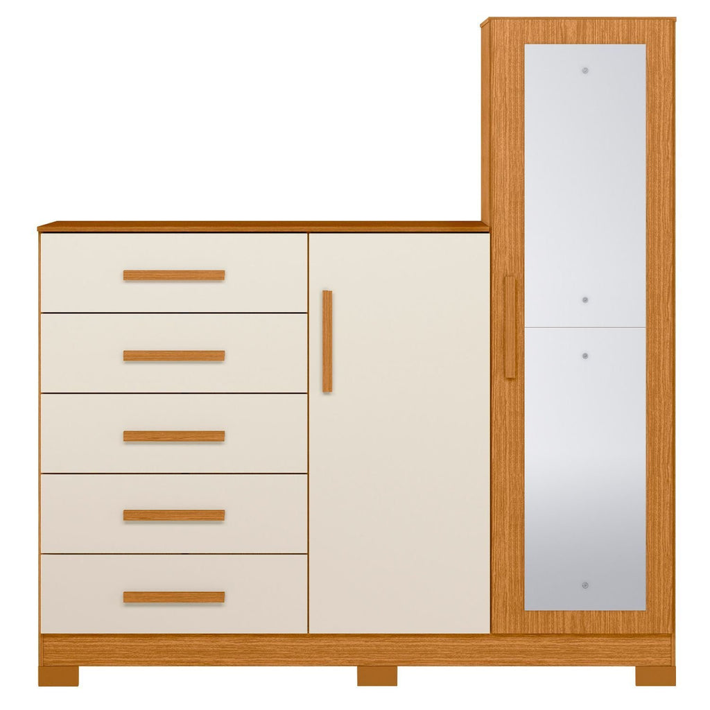Cômoda para Quarto 5 Gavetas 2 Portas com Espelho New Master Albatroz Móveis Bege/Cinamomo/Off White