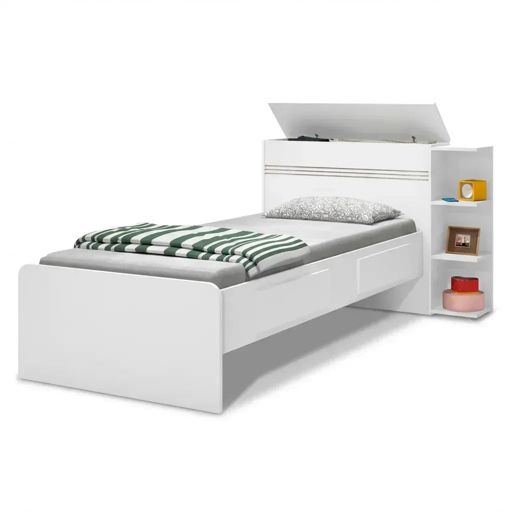 Cama Solteiro com Baú 2 Gavetas e 3 Nichos Jade J&A Móveis Branco