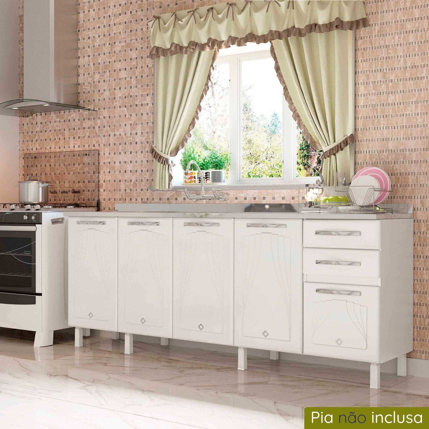 Balcão de Cozinha em Aço 5 Portas 2 Gavetas sem Tampo 200cm Star New Telasul Branco
