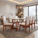Conjunto Mesa com Vidro Pés Madeira Maciça 6 Cadeiras Madeira Dakota Tecido A40 Marrom Móveis Meneghetti