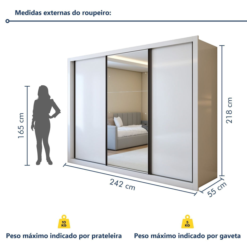 Guarda-Roupa Casal 3 Portas de Correr 6 Gavetas Premium Liv Yescasa MDP Branco
