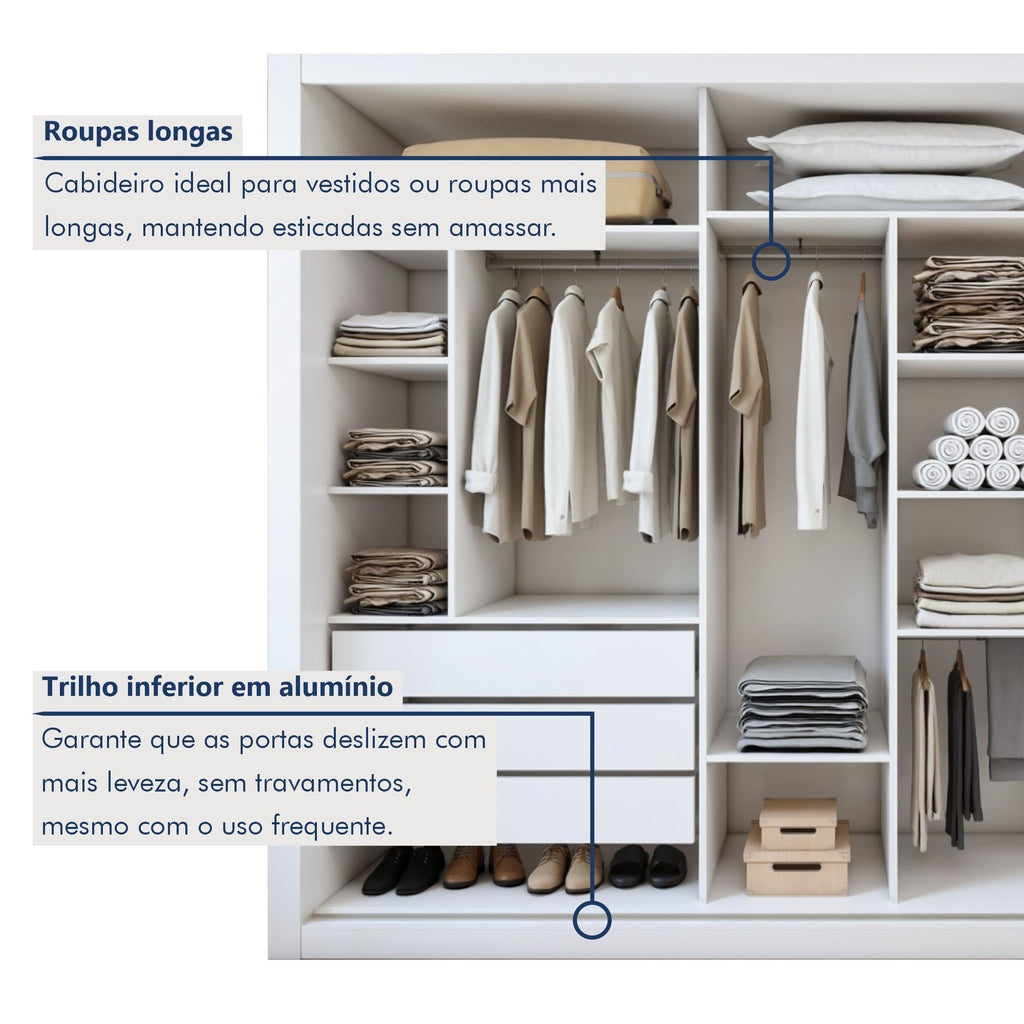 Guarda-Roupa Casal 3 Portas de Correr 6 Gavetas Premium Liv Yescasa MDP Branco