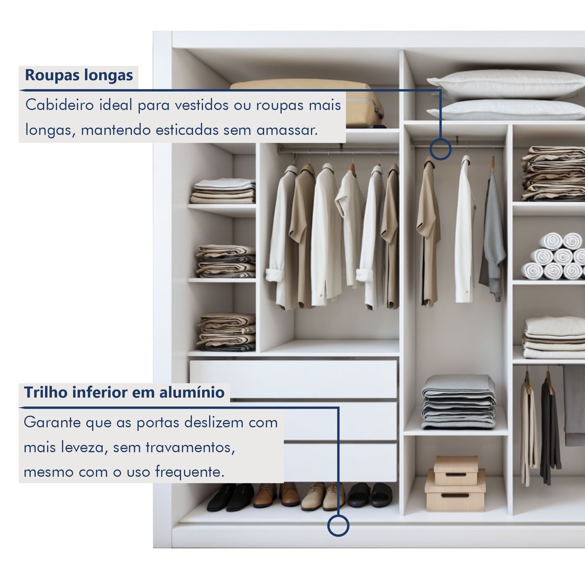 Guarda-Roupa Casal 3 Portas de Correr 6 Gavetas Premium Liv Yescasa MDP Branco