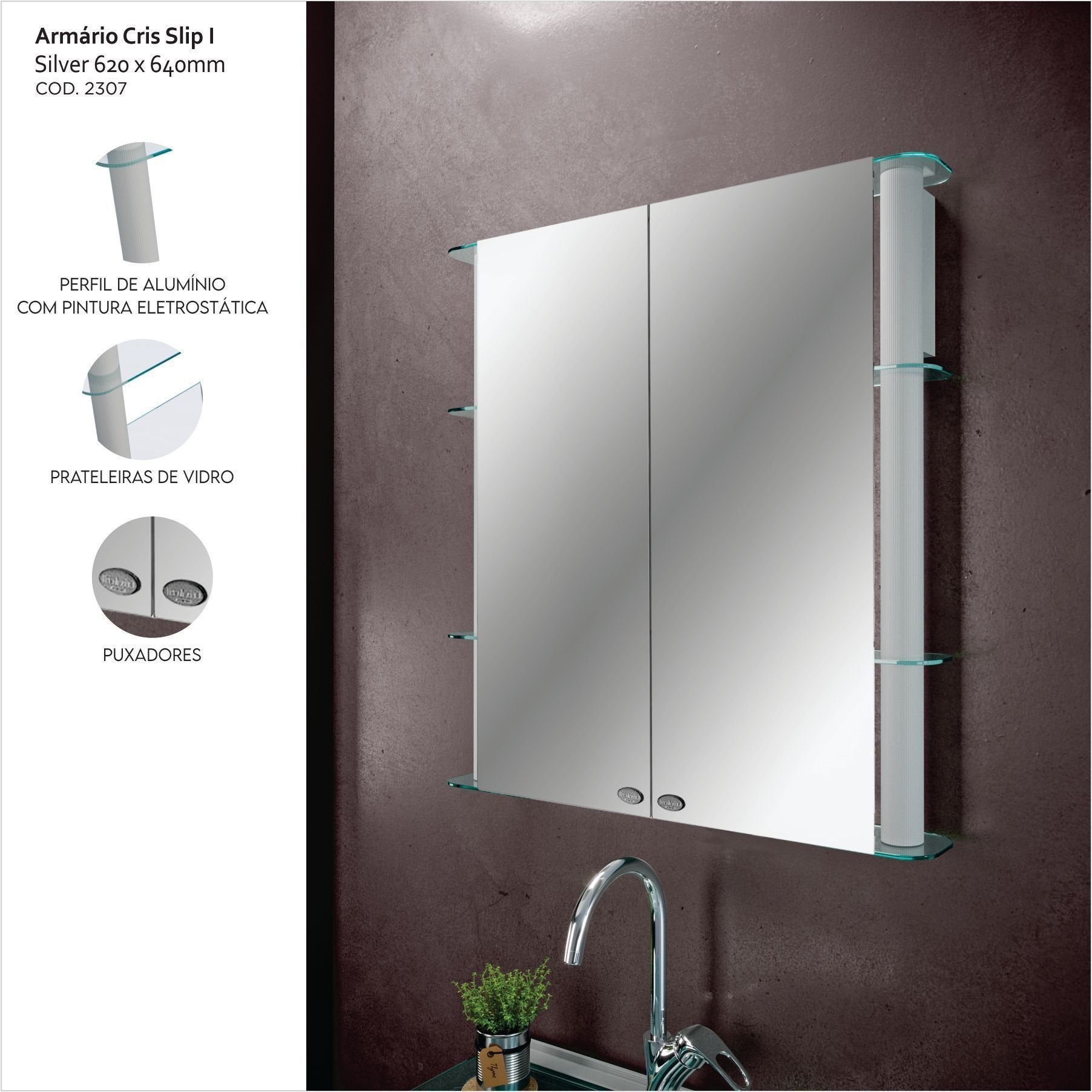 Espelheira para Banheiro Slip II Silver Cris Metal 2 Portas 62cm Prata