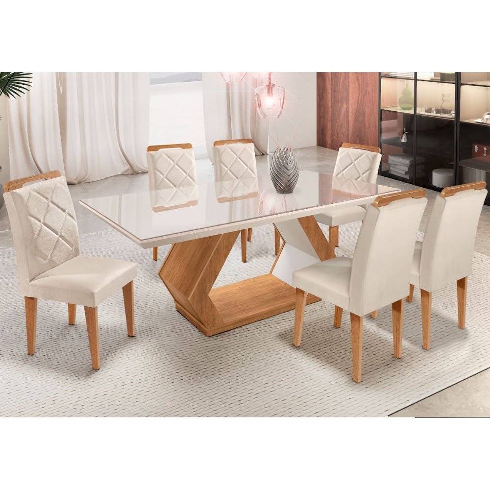 Conjunto Mesa de Jantar Alvorada 180 cm com 6 Cadeiras Melissa MDF Vidro Rufato