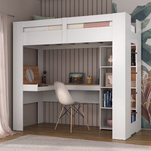 Cama Alta Multifuncional com Escrivaninha Penteadeira Yescasa Branco/Nogal