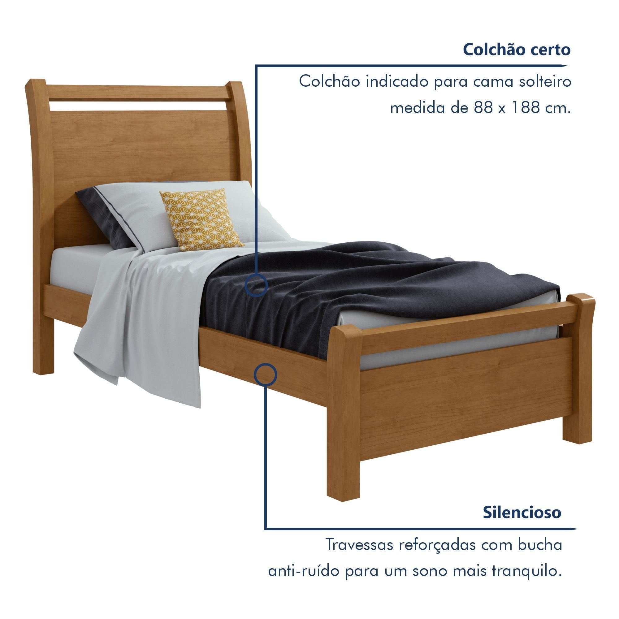 Cama Solteiro Cabeceira Curva MDF Móveis Lopas Reali Plus Amêndoa Clean