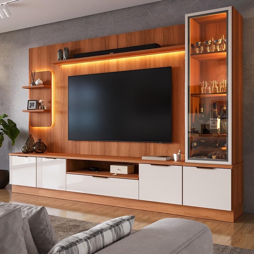 Estante Home Noble 270cm para TV até 75” com Cristaleira, Torre com LED e Portas Reflecta em MDP Movelove