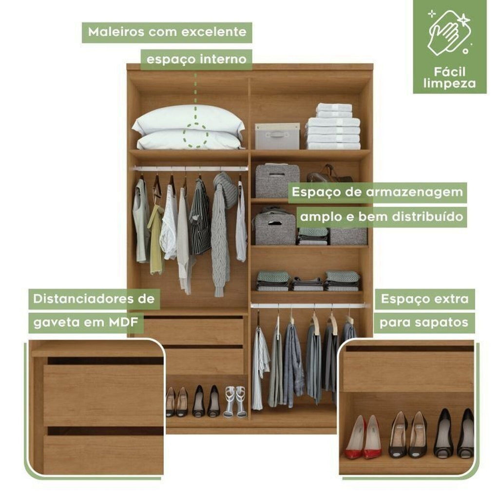 Kit Quarto Infantil com Guarda-Roupa 4 Portas e Cama de Solteiro Marrom Amêndoa Clean Móveis Lopas