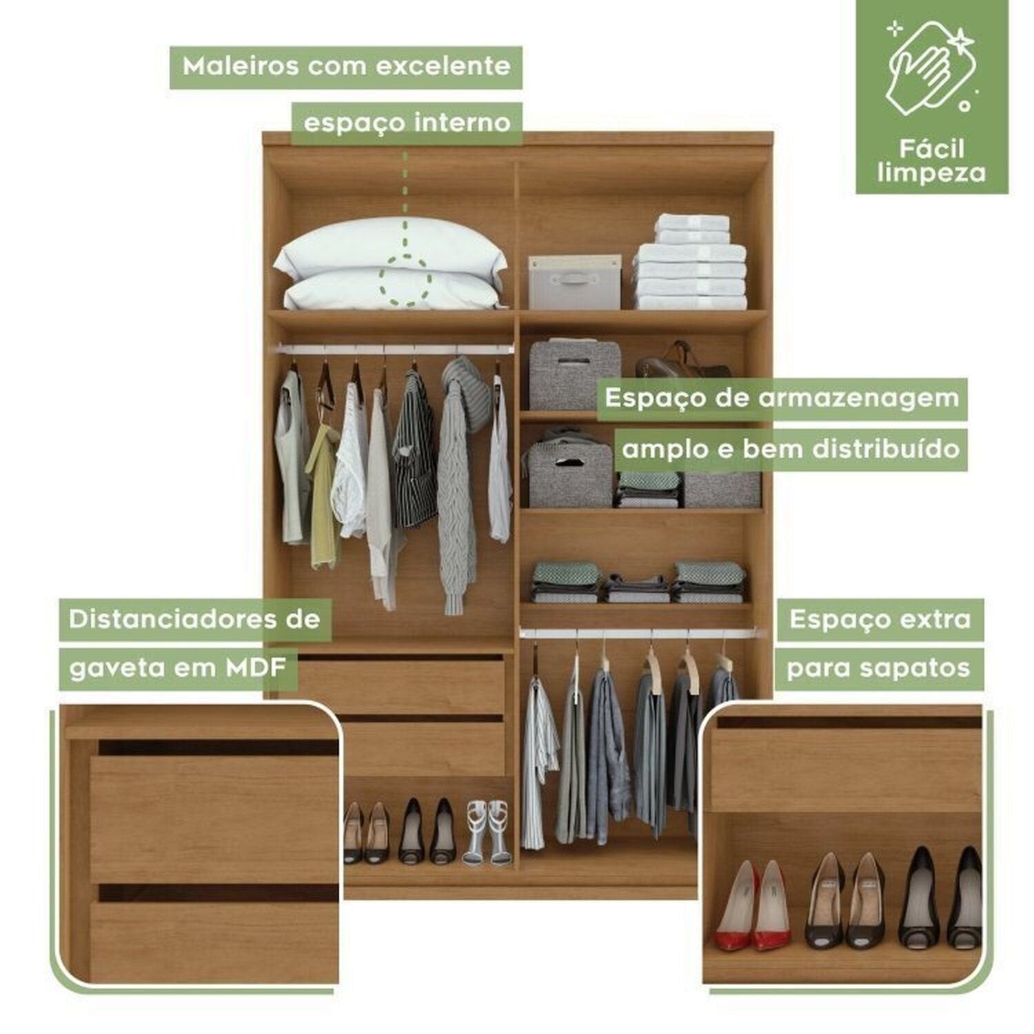 Kit Quarto Infantil com Guarda-Roupa 4 Portas e Cama de Solteiro Marrom Amêndoa Clean Móveis Lopas