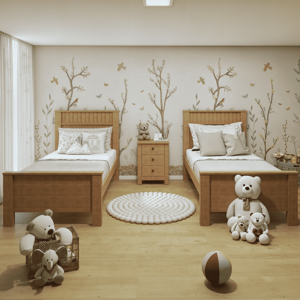 Kit Quarto Infantil 3 Peças com 2 Camas Solteiro e Mesa de Cabeceira Athenas Maggiore Amêndoa Clean