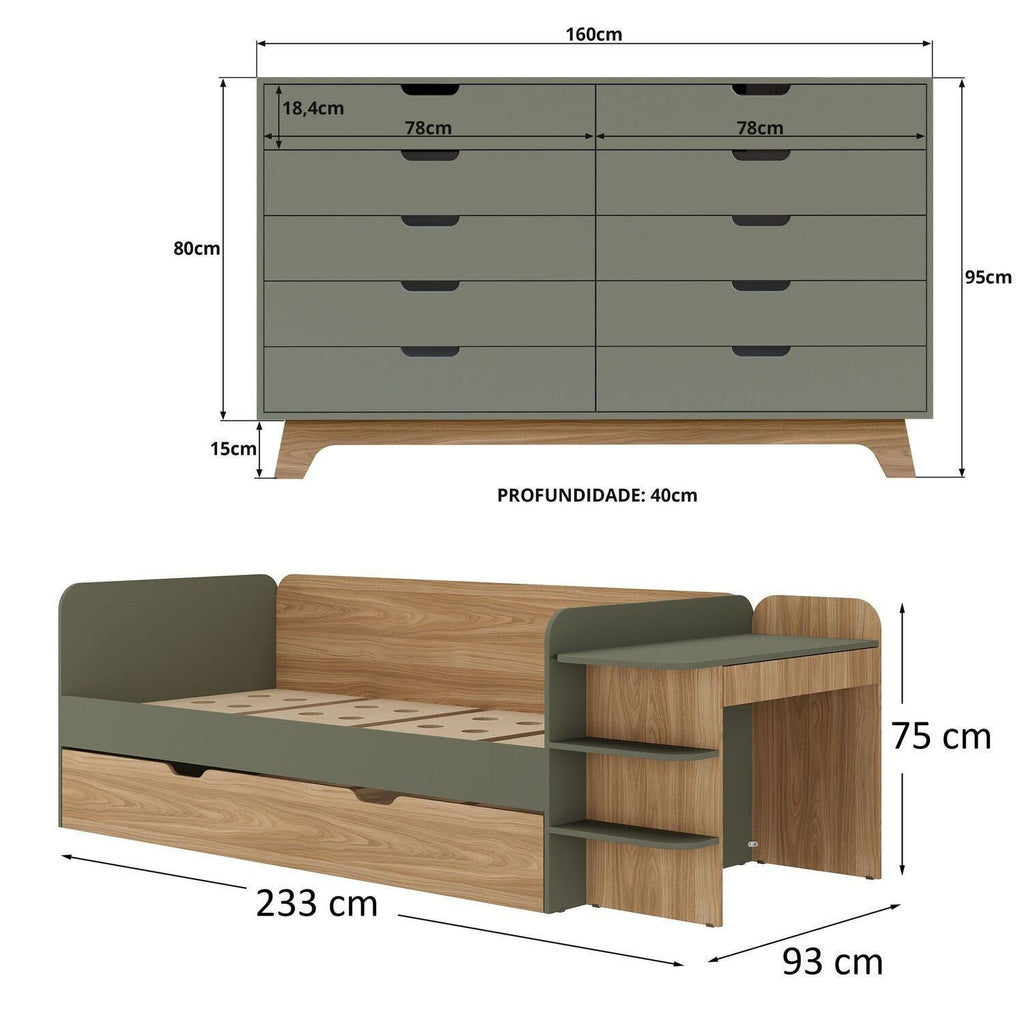 Quarto Infantil Completo com Cama de Solteiro 3 em 1 e Cômoda 10 Gavetas em MDF Premium Helena e Alice FD