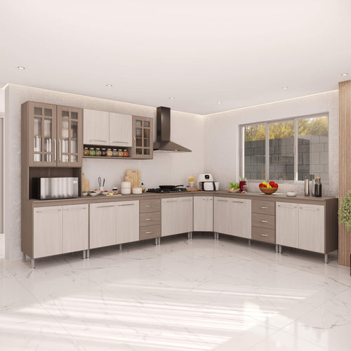 Armário de Cozinha Modulada Completa Fidelitá Paris 7 Peças 600cm 16 Portas 6 Gavetas com Tampo