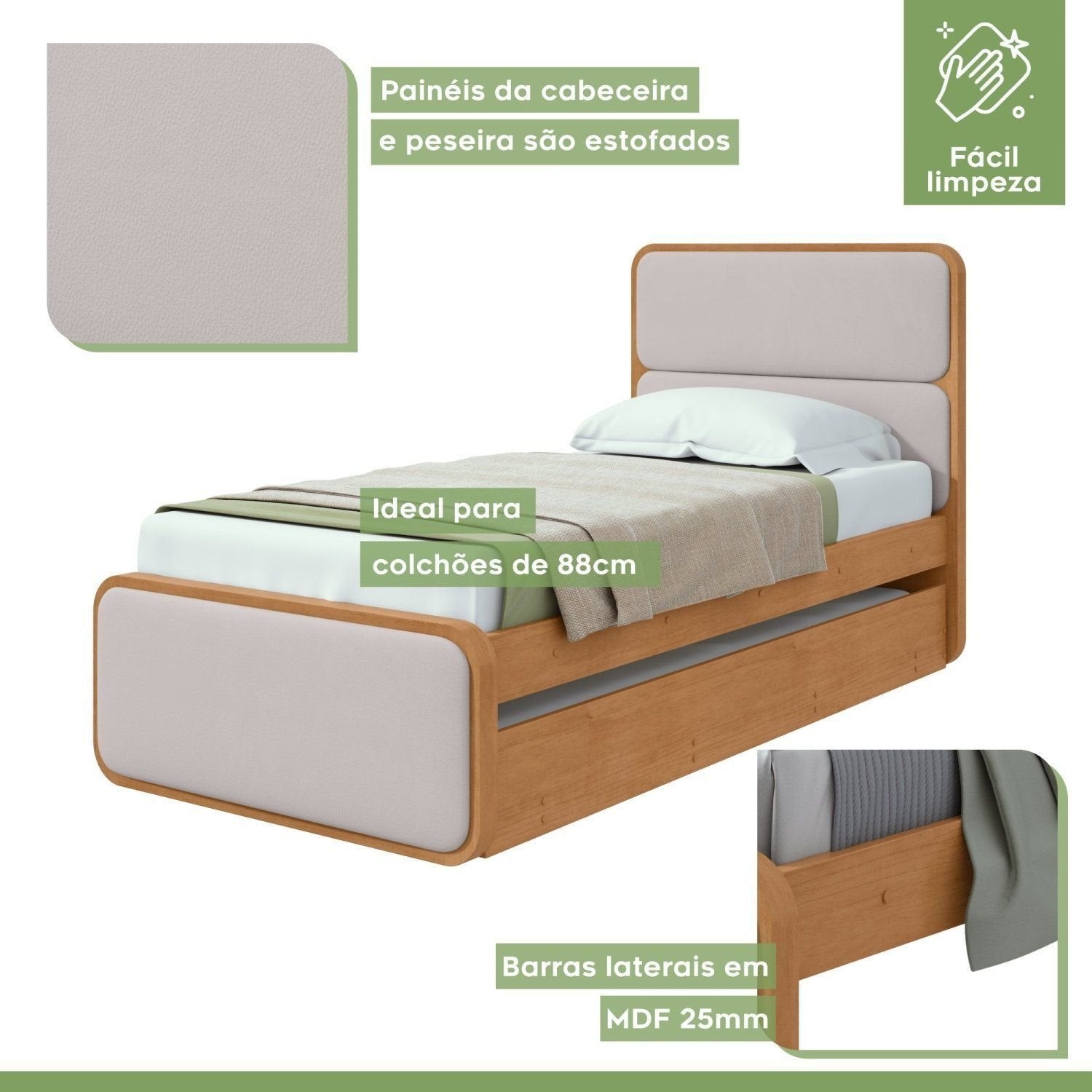 Bicama Solteiro Corino Loop Cama Auxiliar Móveis Lopas Marrom Amêndoa Clean