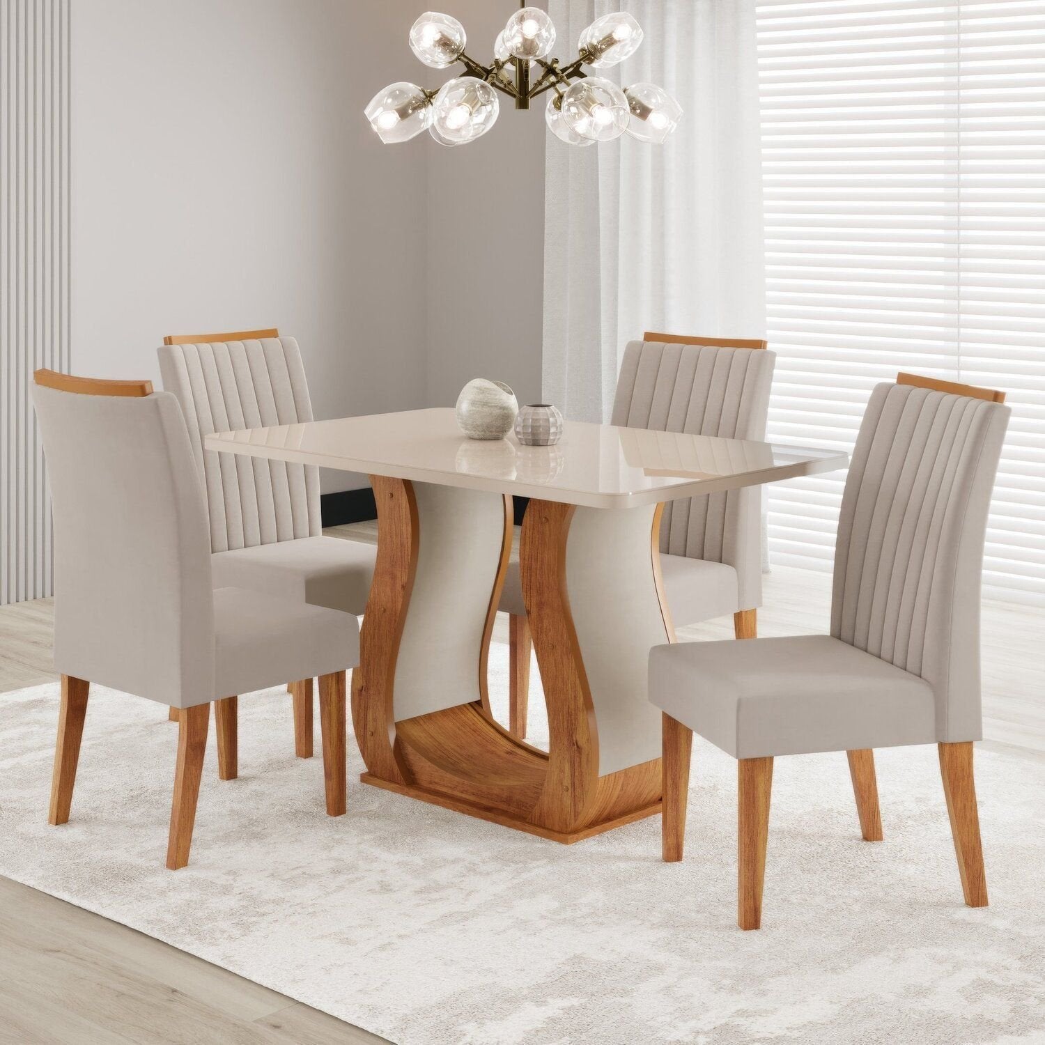 Conjunto Sala de Jantar Mesa Retangular Tampo Vidro/MDF com 4 Cadeiras Fran Inspirare Yescasa Bege/Mel