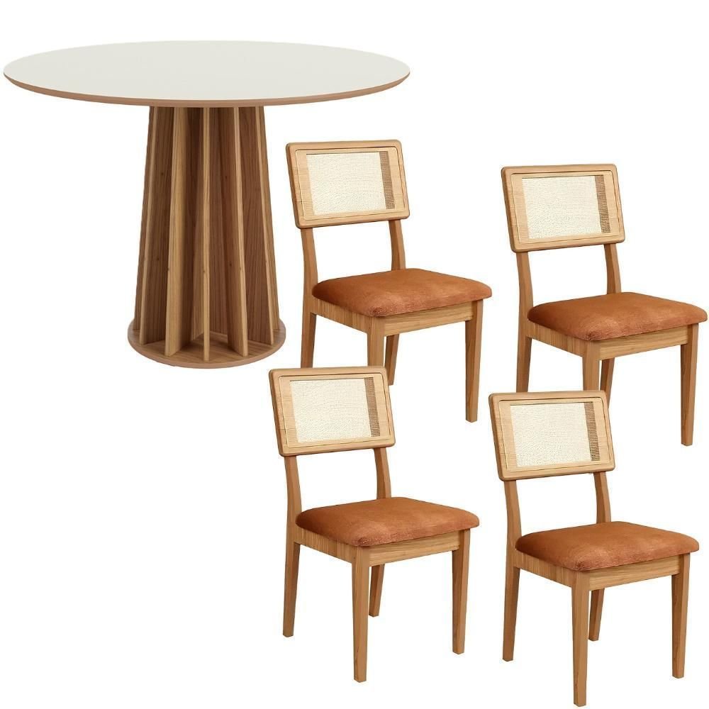 Conjunto de Jantar Mesa Redonda MDF 4 Cadeiras Tela Palha Freijó Off White Cesare Claro Dalla Costa