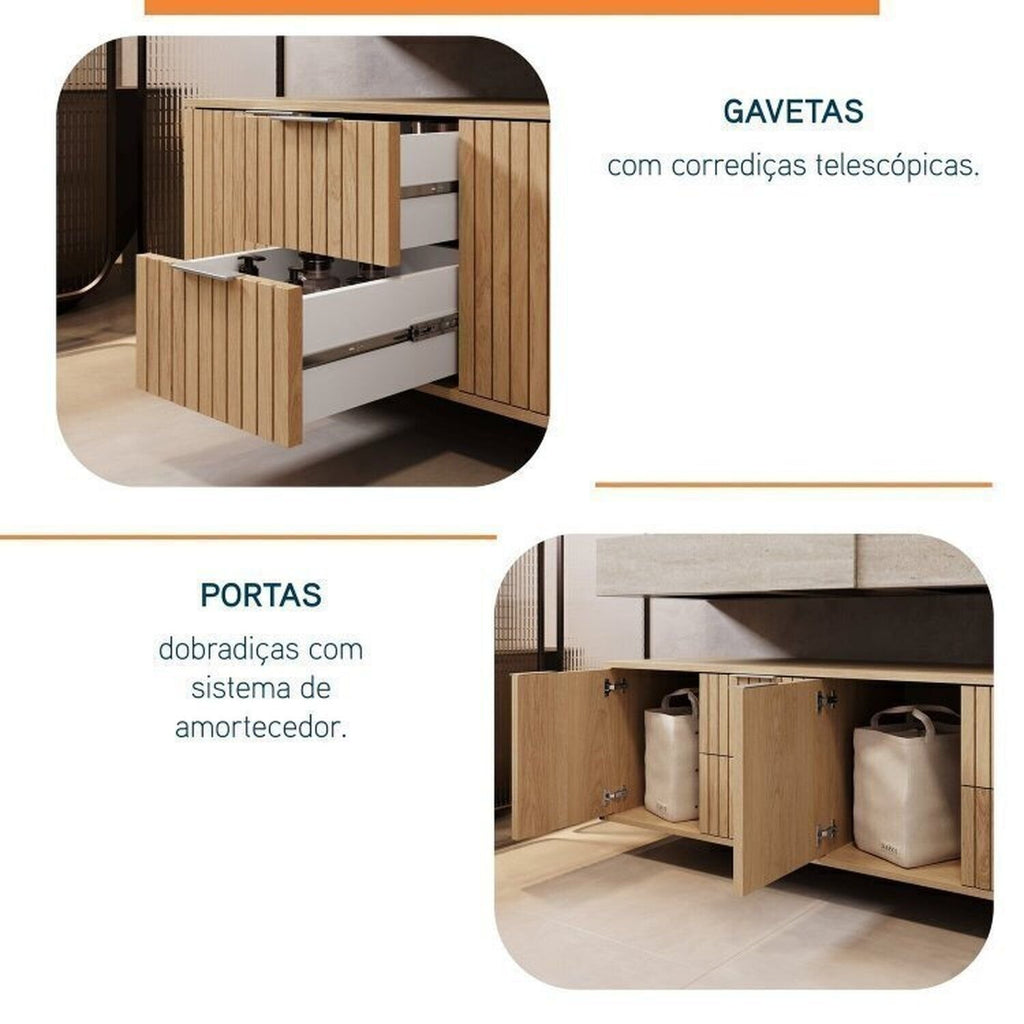 Conjunto para Banheiro Bancada Porcelanato Cuba Apoio Armário Espelho Ripy Bumi 120cm Amarelo/Wood/Travertino