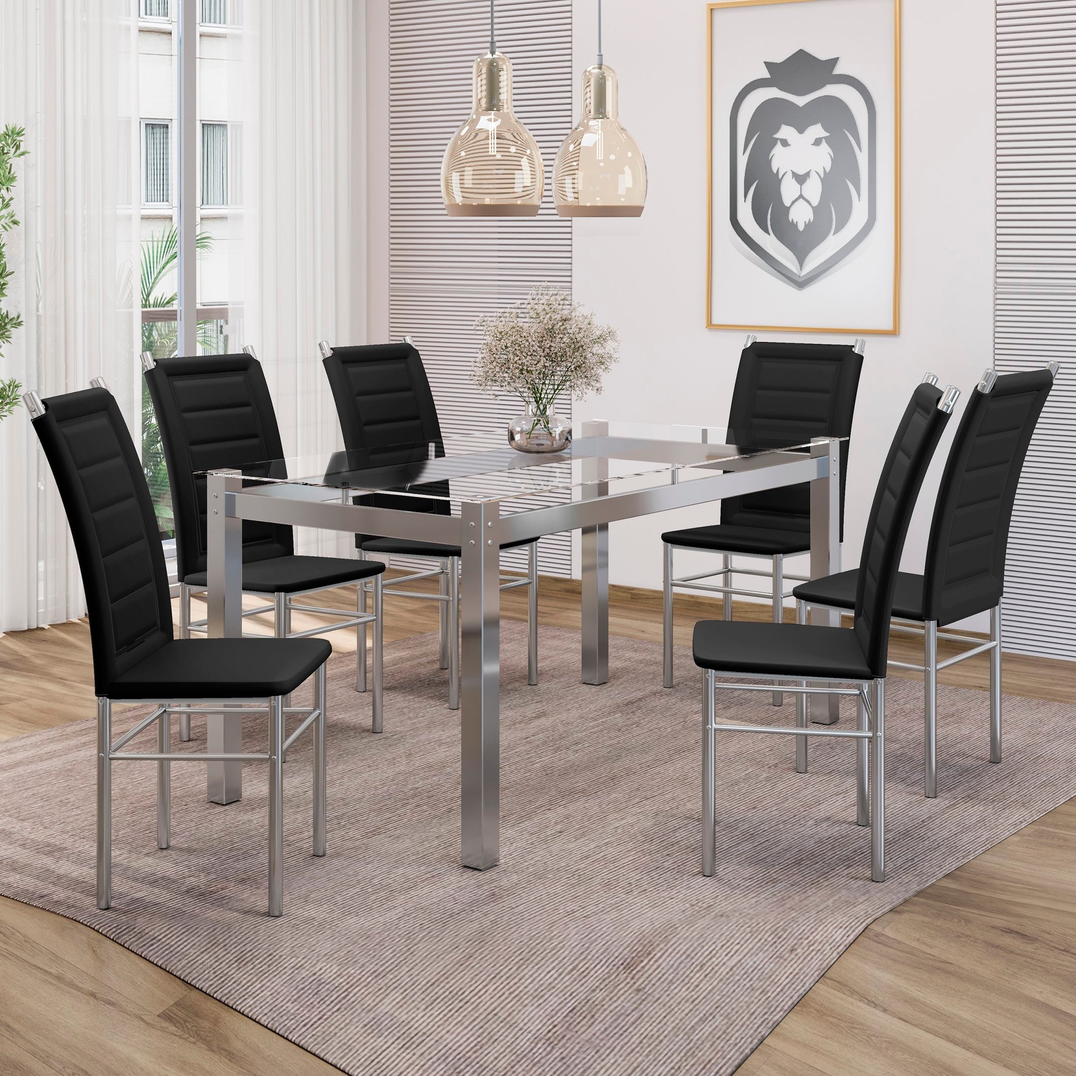 Conjunto Sala de Jantar Mesa Retangular Tampo Vidro Temperado com 6 Cadeiras Aço Tokio Yescasa