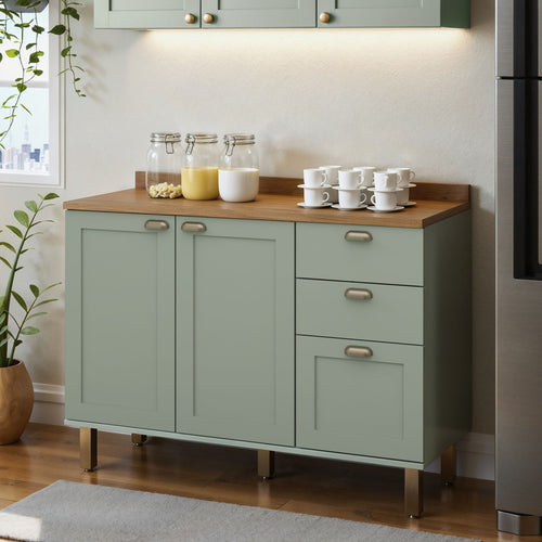 Balcão para Cozinha 2 Portas 3 Gavetas Provençal com Tampo Iluminata Genialflex Verde/Mint/Ébano Fosco