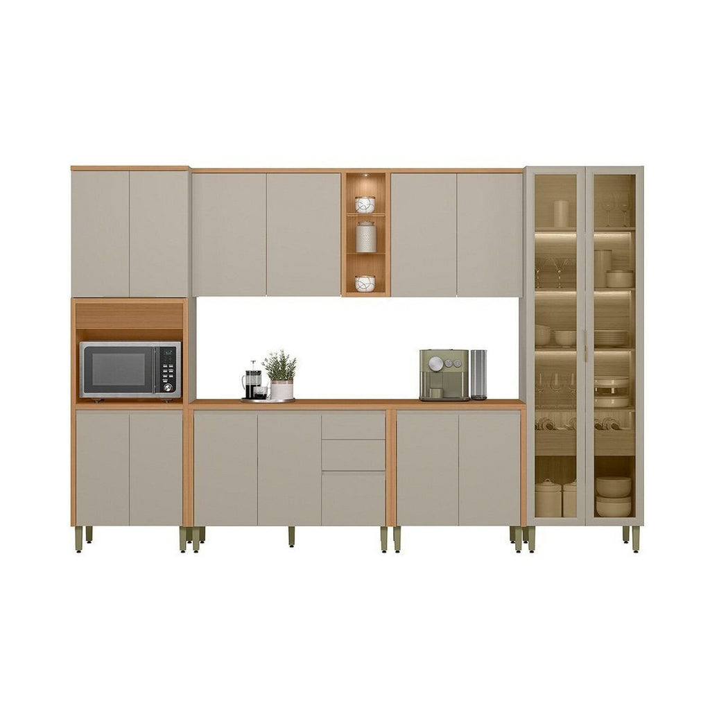 Cozinha Completa Modulada 6 Peças Torre Simples Cristaleira Allure Marrom/Jequitibá/Gris Fosco Linea Brasil