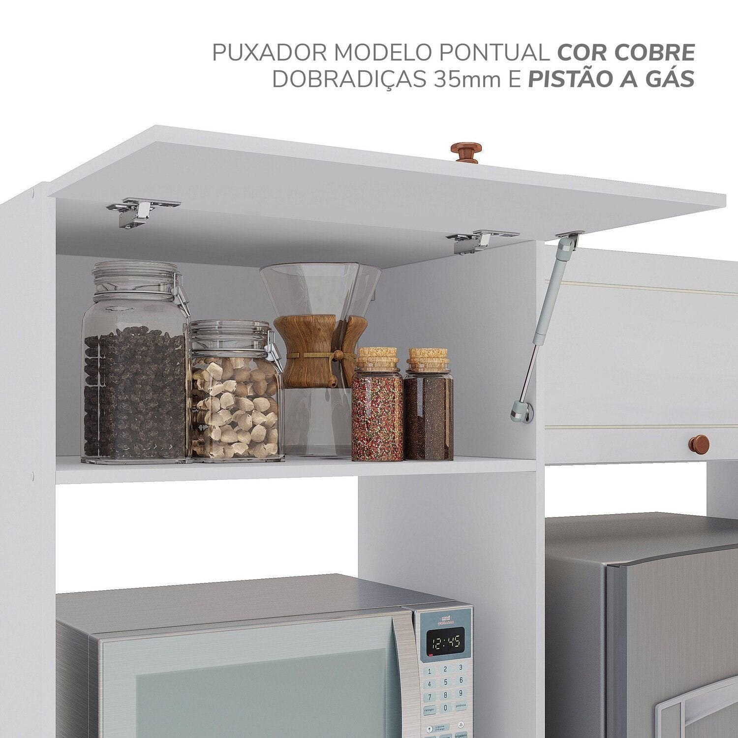 Cozinha Completa Modulada Pérola Yescasa 5 Peças Torre Quente Aéreo 3 Portas Balcão 120 Balcão 80 Basculante Branco