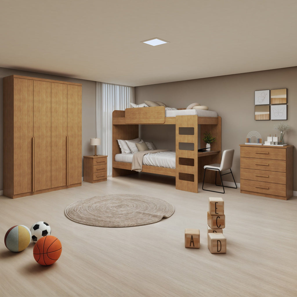 Conjunto Quarto Infantil com Beliche Escrivaninha Cômoda e Guarda-Roupa Móveis Lopas Marrom Amêndoa Clean