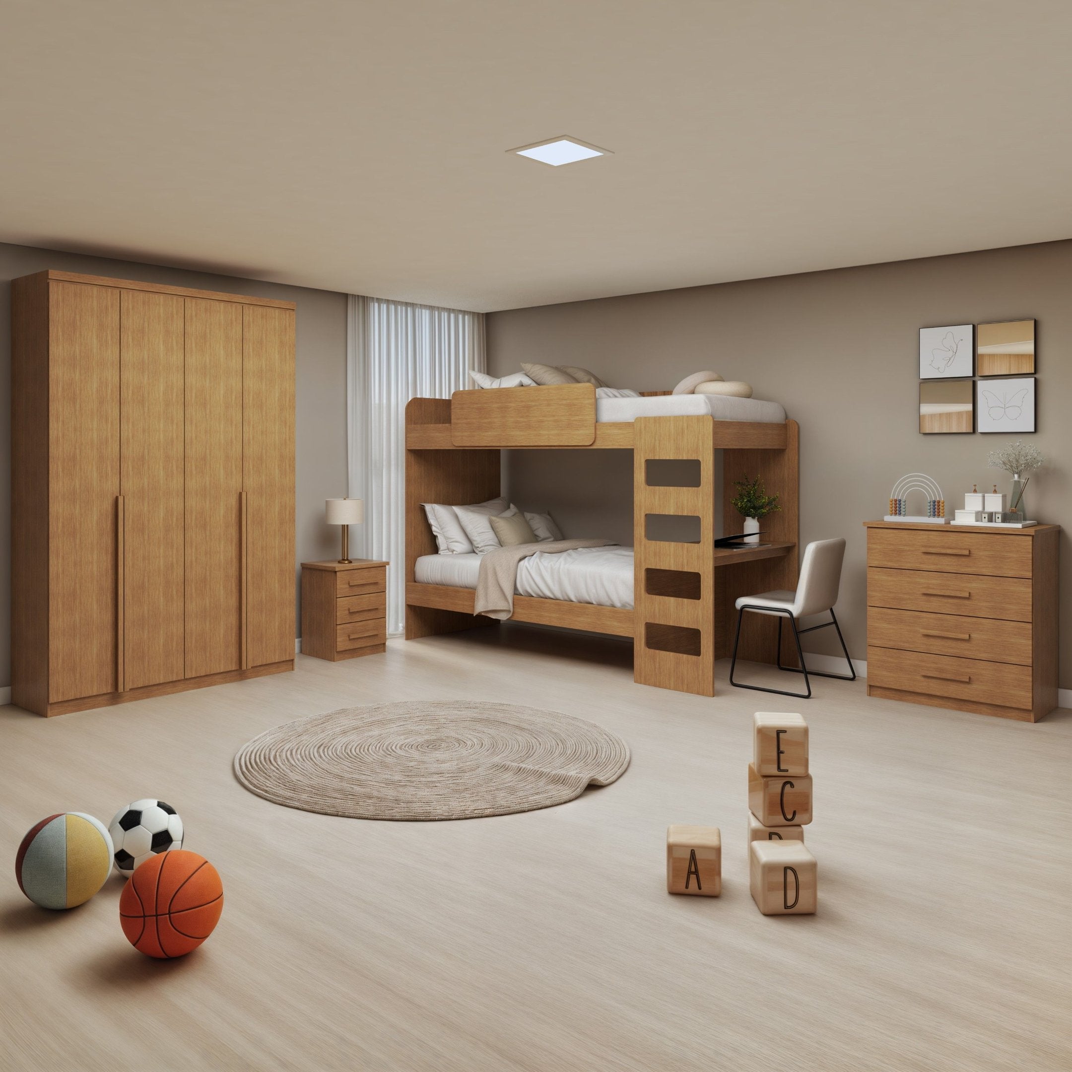 Conjunto Quarto Infantil com Beliche Escrivaninha Cômoda e Guarda-Roupa Móveis Lopas Marrom Amêndoa Clean