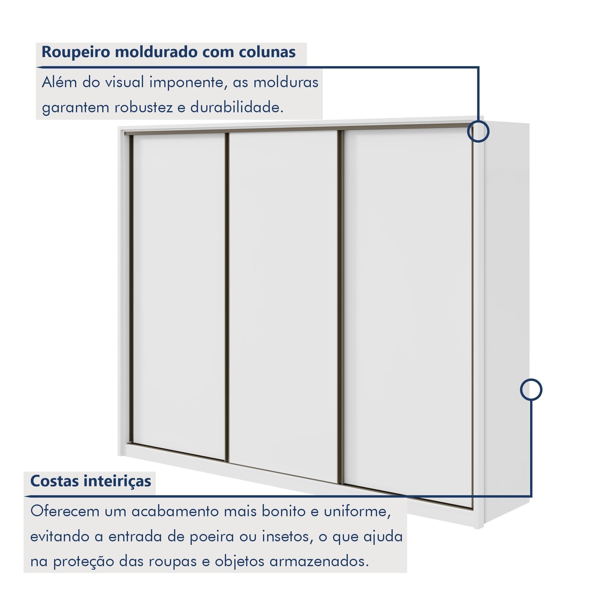 Guarda-Roupa Casal 3 Portas de Correr 6 Gavetas 270cm Spazio Yescasa 100% MDF Branco