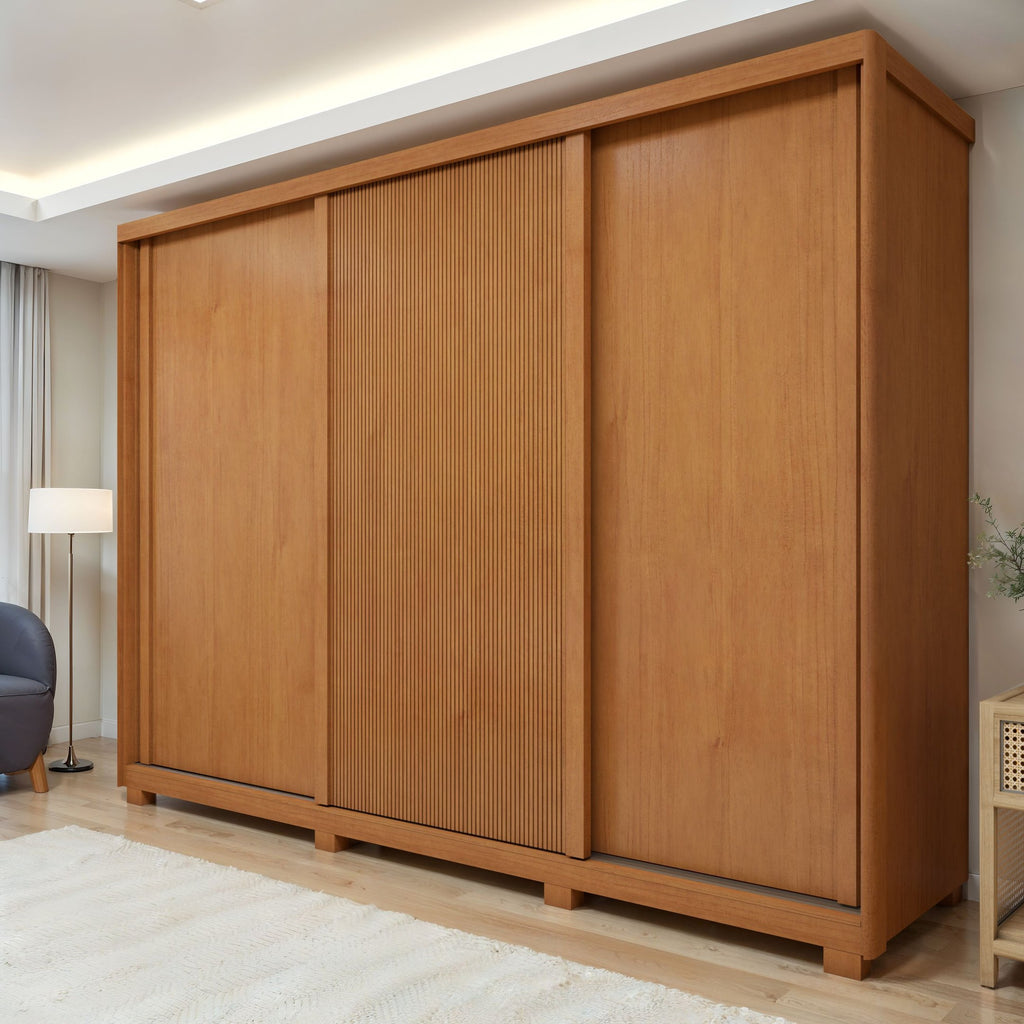Guarda-Roupa Casal 3 Portas 6 Gavetas com Pés MDF 274cm Ollie Yescasa Marrom Amêndoa Clean/Off White