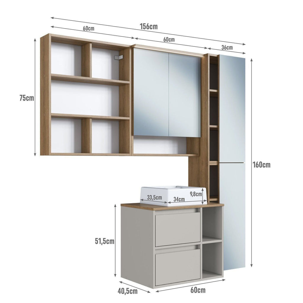 Conjunto para Banheiro Modulado Yescasa 156cm 5 Peças Cuba LED Bege/Mel/Arenas