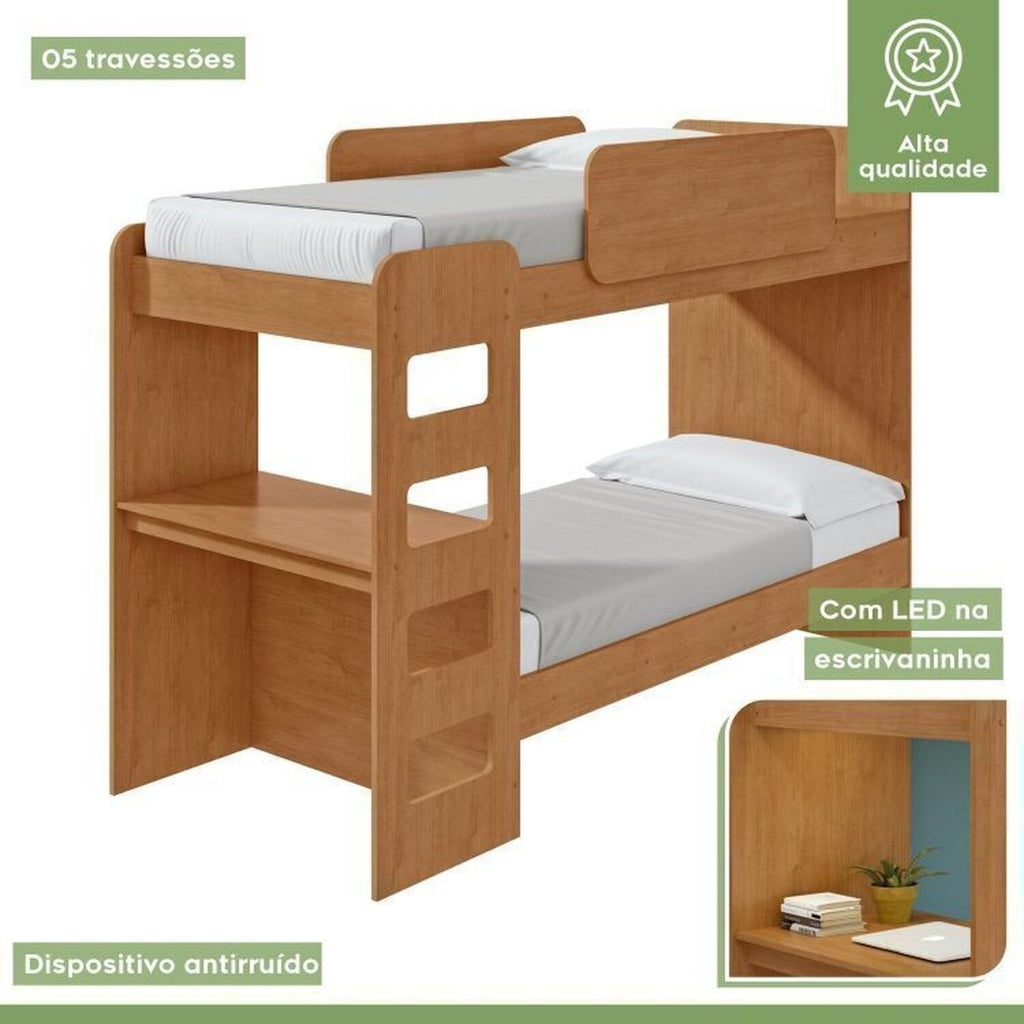 Conjunto Quarto Infantil com Beliche Escrivaninha Cômoda e Guarda-Roupa Móveis Lopas Marrom Amêndoa Clean