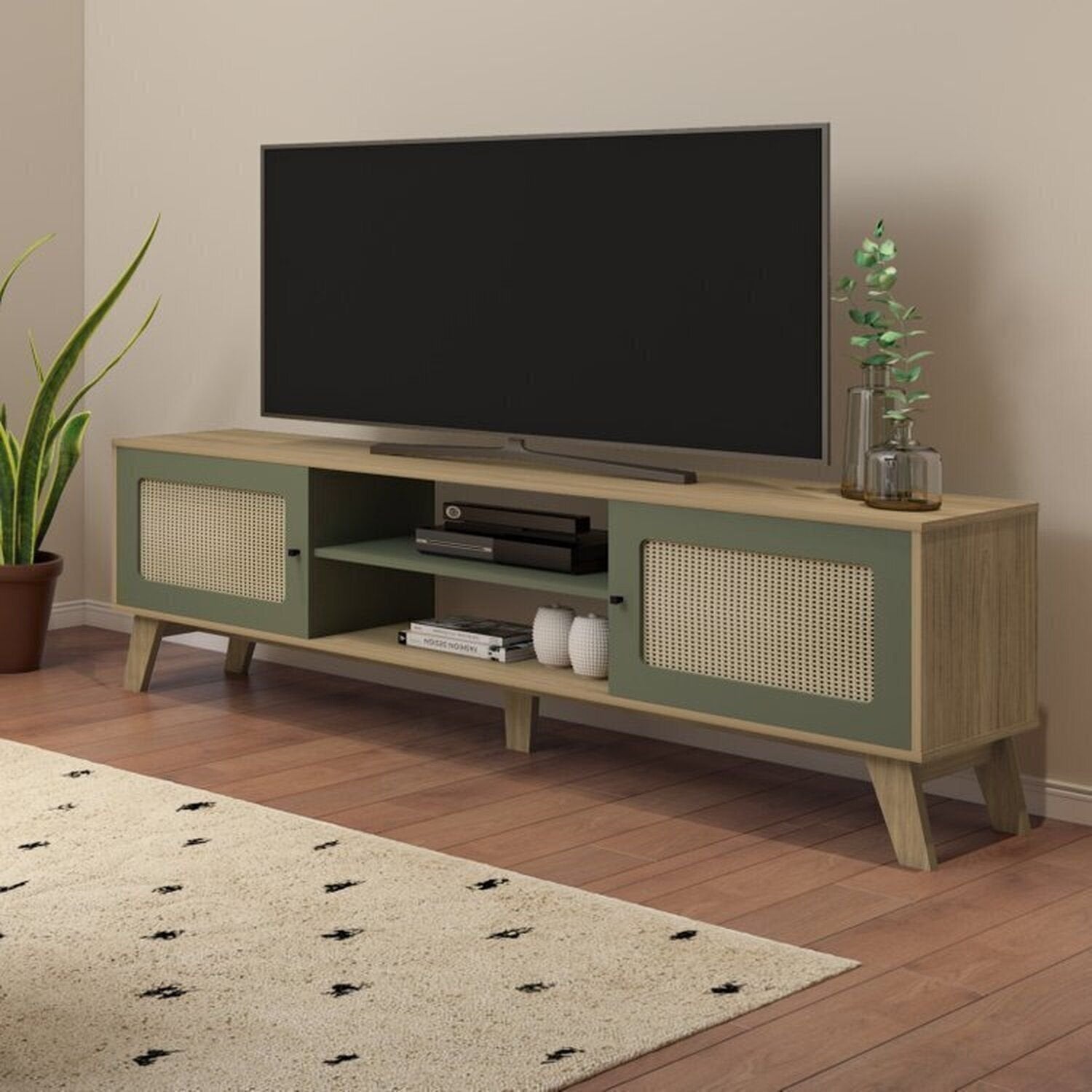 Kit 3 Peças Sala de Estar Charlotte Rack para TV Até 75 Polegadas Mesa de Centro e Apoio Espresso Móveis Carvalho/Menta
