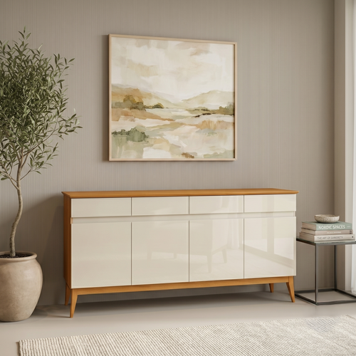 Buffet Aparador 4 Portas e 4 Gavetas Premium MDF Off White/Cedro EDN Móveis