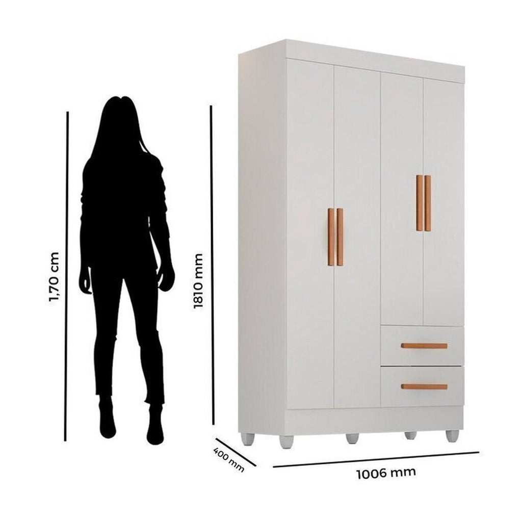 Quarto Bebê Infantil com Guarda-Roupa 4 Portas e 2 Gavetas com Cômoda 4 Gavetas e 1 Porta Aconchego Móveis Leão Branco