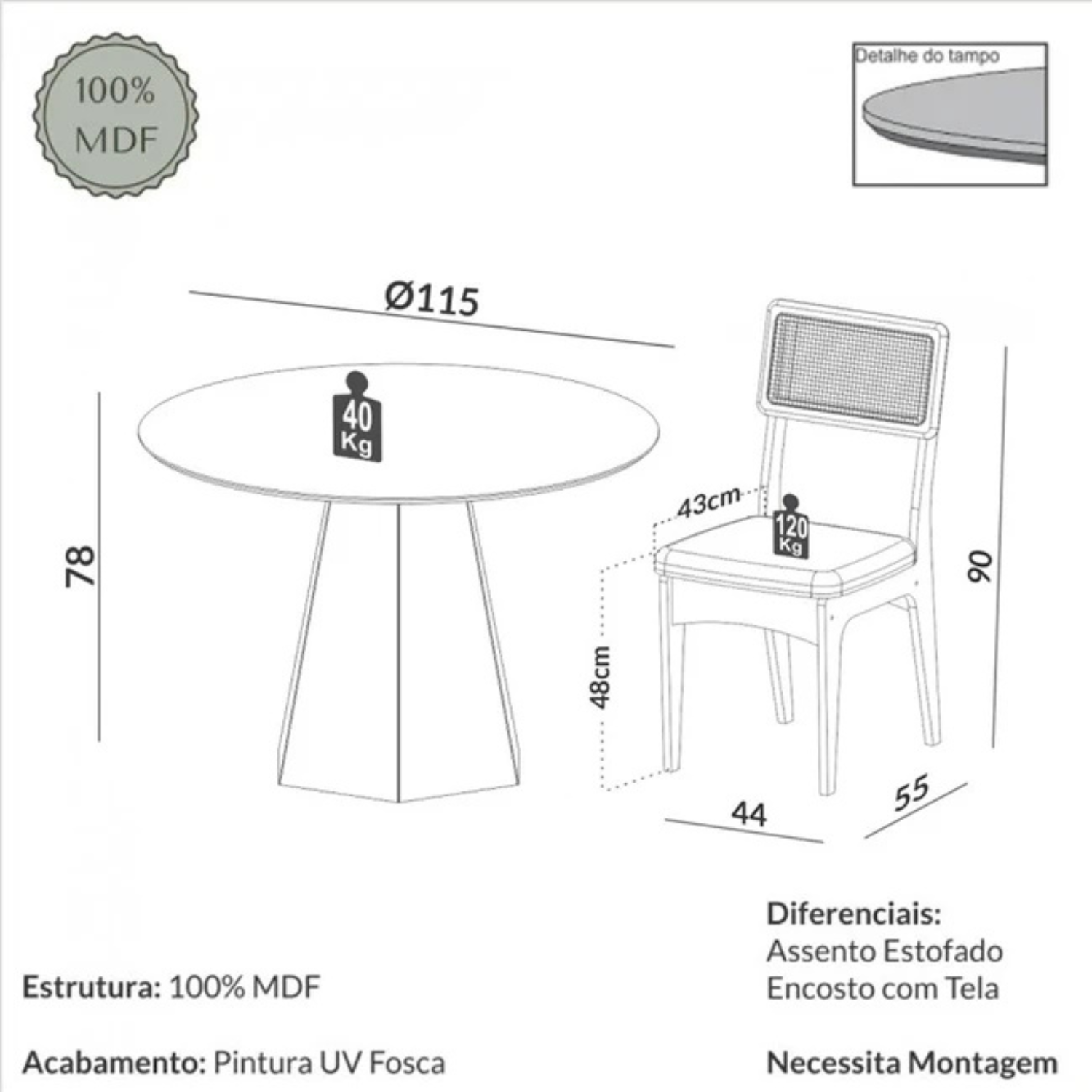 Conjunto Sala de Jantar Mesa Lisboa Hexagonal Freijó com 4 Cadeiras Palha Sintética 100% MDF Dalla Costa TM80 CA39