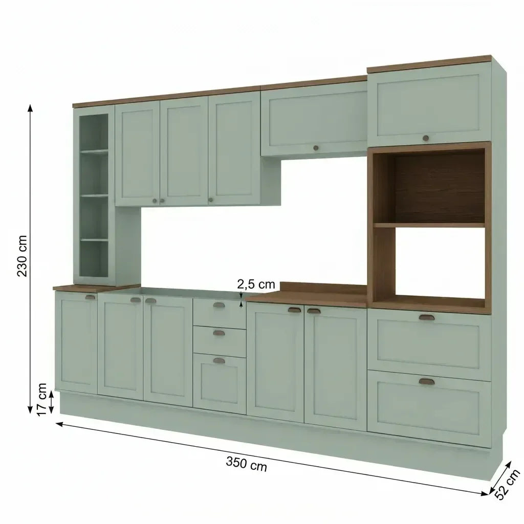 Cozinha Completa Modulada 6 Peças 100% MDF Cristaleira Torre Quente Balcão Pia Mint/Ébano Genialflex Iluminata